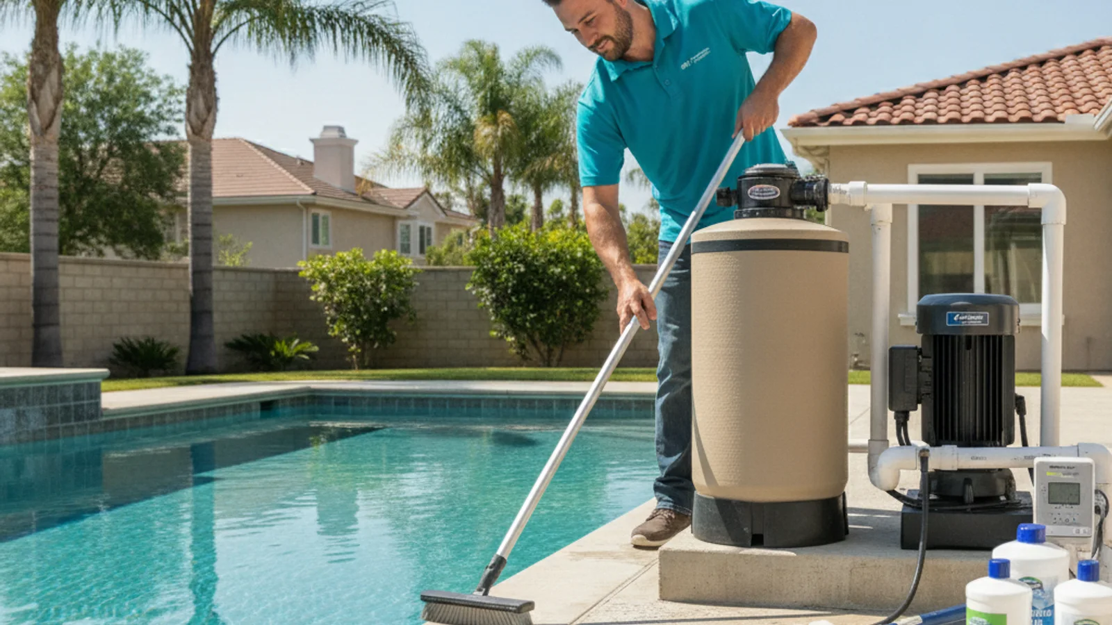A pool repair technician inspecting a salt chlorine generator cell next to a backyard pool equipment pad in San Diego