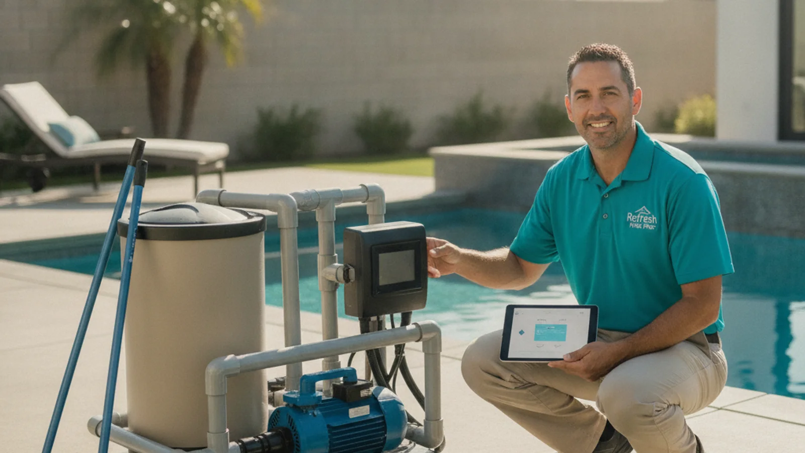 A pool equipment pad in a San Diego backyard with a wall-mounted automation control panel, pump, and filter next to a in-ground pool