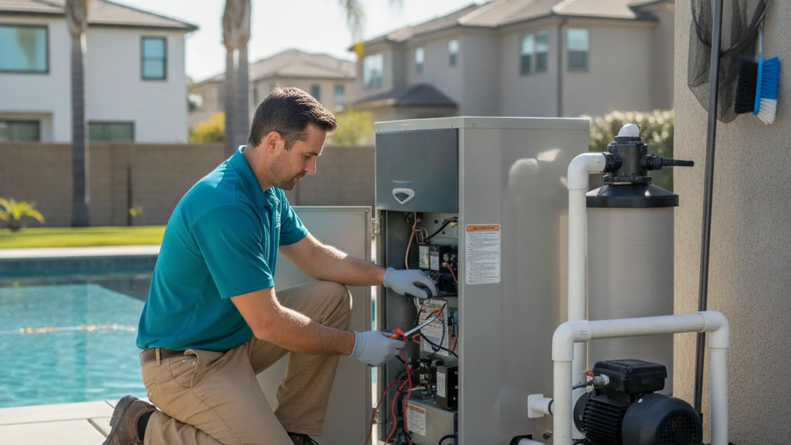 A pool repair technician in San Diego crouched beside a gas pool heater unit on a backyard equipment pad, inspecting the control panel