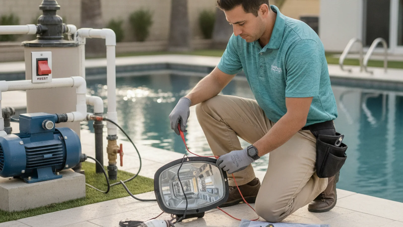 A pool repair technician at night crouched beside an illuminated in-ground pool light niche on the wall of a San Diego backyard pool, testing the fixture with a flashlight