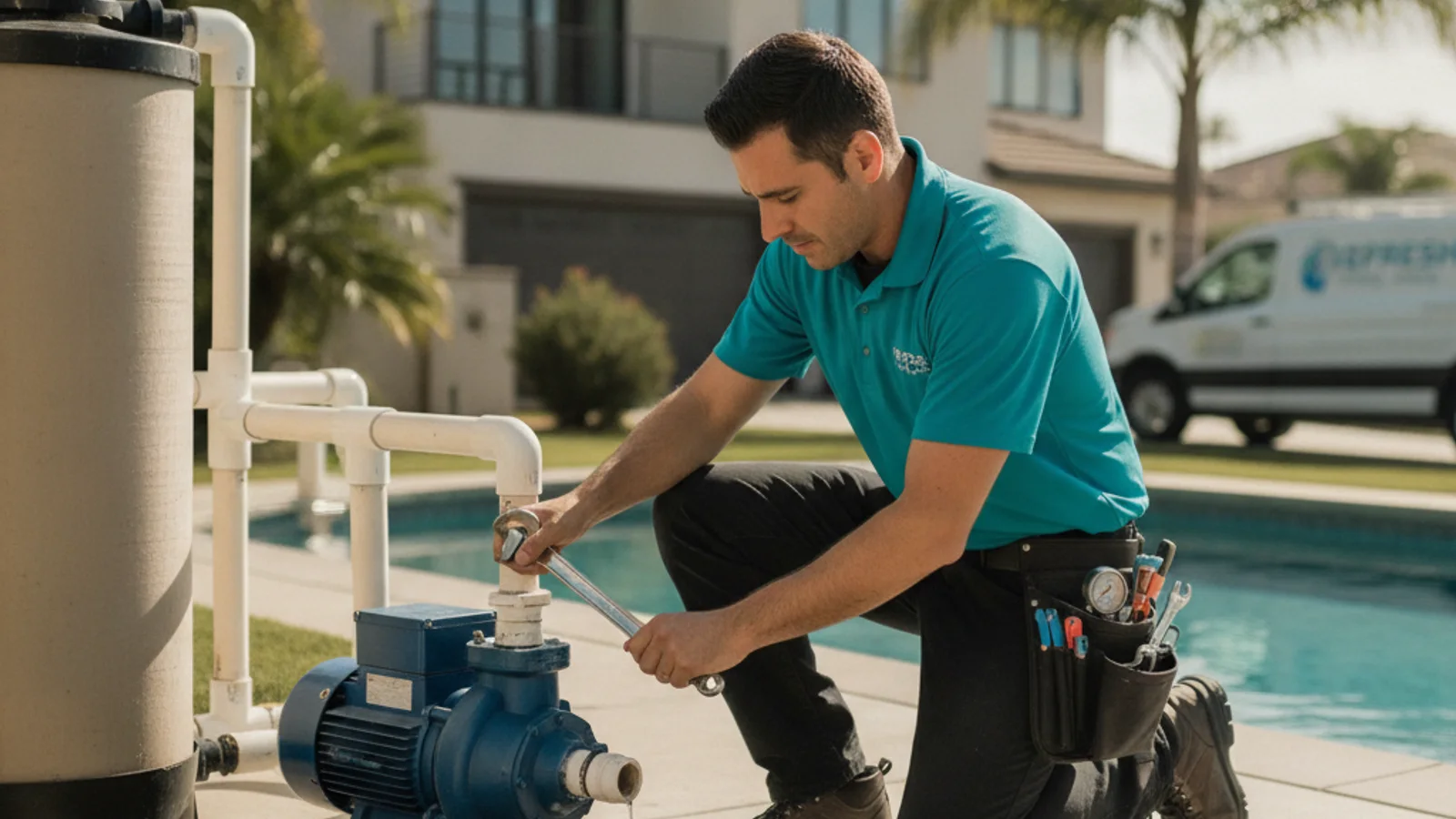 A pool repair technician crouched at a backyard equipment pad in San Diego, using a flashlight to trace water pooling beneath a pool pump housing