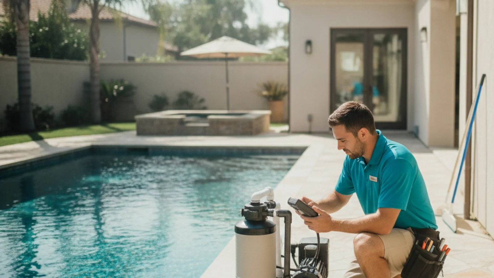 A pool repair technician installing a salt chlorine generator control box on the equipment pad of a backyard pool in San Diego