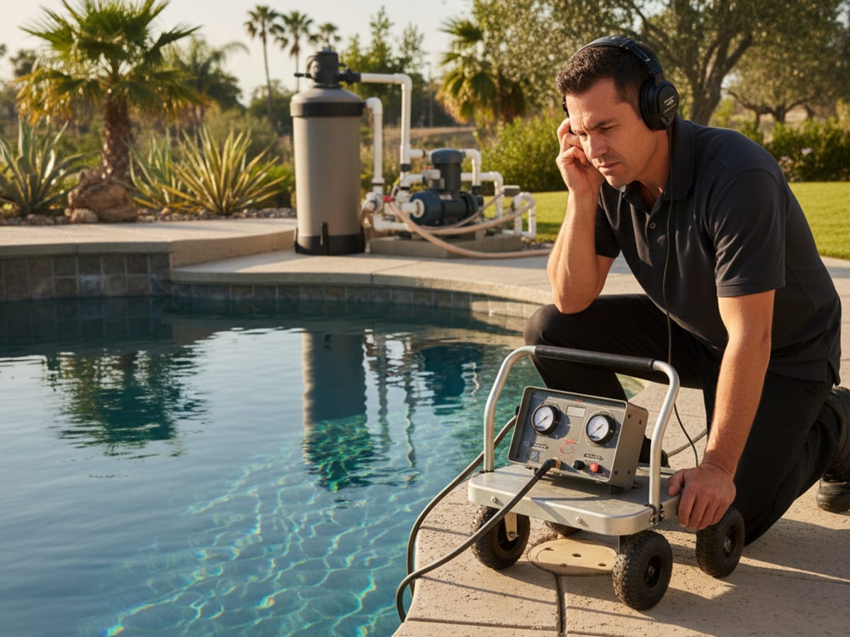 Technician using electronic listening equipment to trace a leak along a pool deck