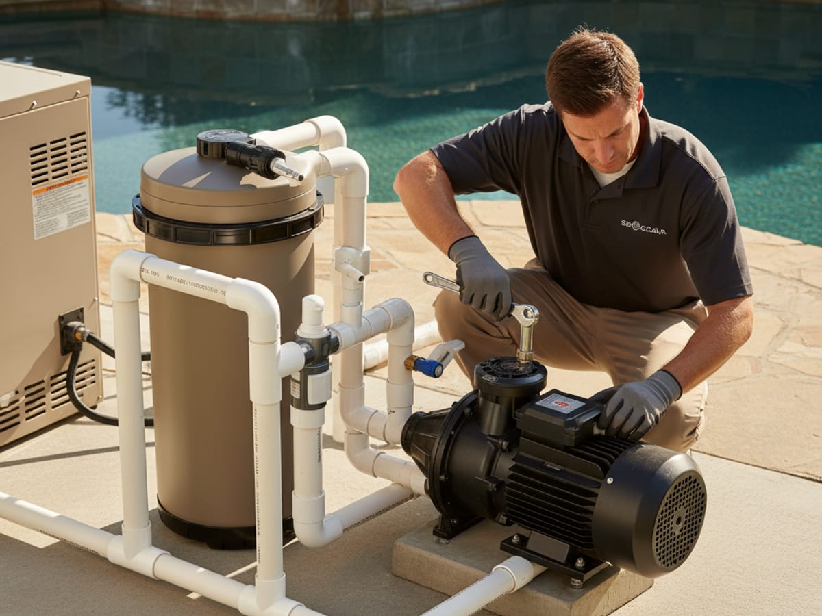Technician working on a variable-speed pool pump motor at a residential equipment pad