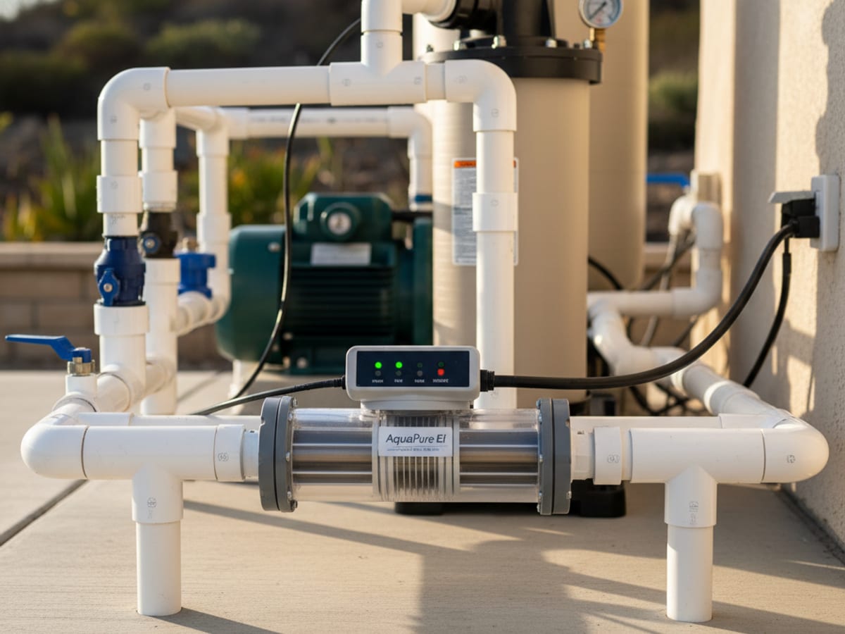 Salt chlorine generator cell mounted inline with pool equipment plumbing